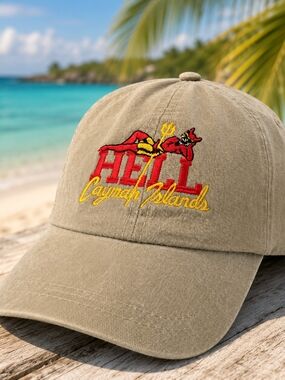 Vintage Hell Cayman Islands Devil Khaki Open Back Elastic Dad Hat Cap